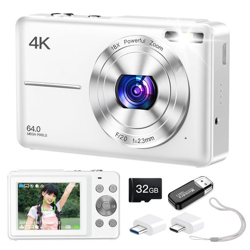 Moledroデジタル写真機4Kディジカメ6400万絵素32GBマイクロSD歌留多付き添い人18倍デジタルズームオートフォーカスウェブカメラLEDともし火手ぶれ手を加える多類概念こし器セルフタイマー持ちはこび助けになる2.4in…