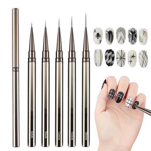ネイルブラシ極細5本セットネイルライナー筆ジェルネイルブラシ線を引くネイルアートペンネイル筆キャップ付き6mm9mm12mm15mm18mm(ブラック)画像