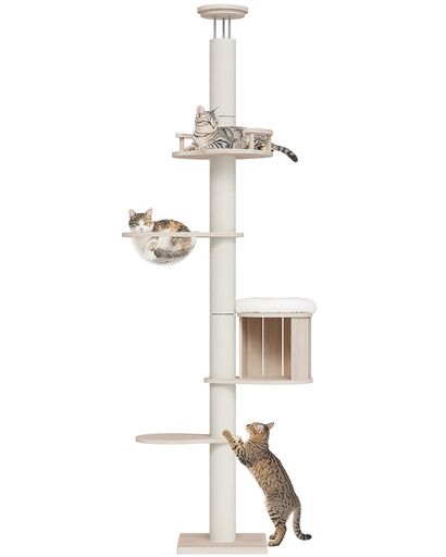 OROPY キャットタワー 突っ張り 木製 スリム 宇宙船ハンモック付き 多頭飼い 猫タワー 省スペース 運動不足解消 隠れ家 12cm極太爪とぎポスト 全綿縄巻き キャットツリー 193-250cm調整｜Happy night Rainbow
