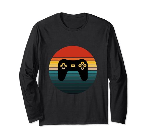 レトロビデオゲームサンセットヴィンテージゲーマーサンコントローラー長袖Tシャツ