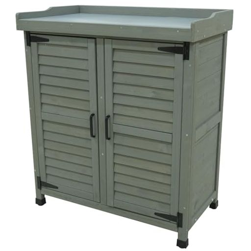 屋外木製収納庫 対開ドア 防水・耐候性 幅79.2奥行44.5高さ91.5cm DIY組み立て ガーデン収納 ベランダ物置き 頑丈 (はいいろ)|Happy night Rainbow