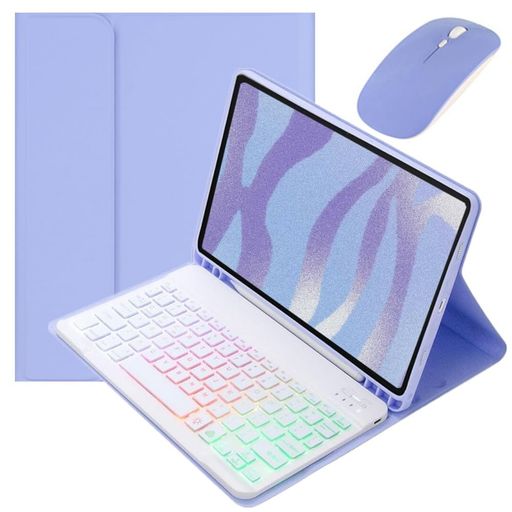 カラフルバックライトGalaxyTabS9FE+12.4インチ/TabS10/S9+/S8+/S7+/S7FE12.4”キーボードケースマウス付きお洒落可愛いバックライトキーボードケース分離式女性学生ビジネス紫+白