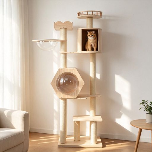 OSJ 猫タワー 木製 高さ179cm 宇宙船ハウス 展望台2つ 円筒形隠れ家 ステップ台 爪とぎポール 天然麻ロープ 多頭飼い対応 大型猫対応 昇り降りしやすい 頑丈 安定設計 運動不足解消 省スペ…|Happy night Rainbow