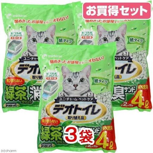 ユニ・チャームデオトイレ飛び散らない緑茶・消臭サンド4L3袋入り猫砂紙燃やせる