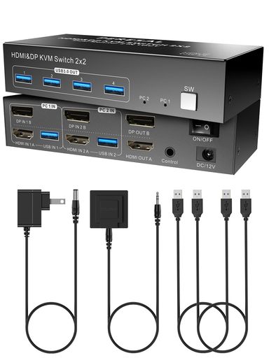 PERESALデュアルモニタHDMIDPKVMスイッチ、デュアルPCまたはノートパソコン用の4K60HzデュアルモニタKVMスイッチ2台、USB3.0ポートx4、拡張/レプリケーションモード対応、DC12Vアダプタと有線コン…