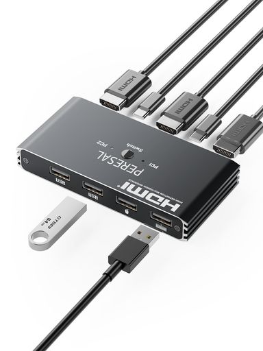 PERESALUSB3.0KVMスイッチ、KVMスイッチ1台のモニター2台のコンピュータ、1台のモニターを共有する2台のコンピュータのための4K@60Hz、キーボード、マウス、プリンター、スキャナーのような4US…
