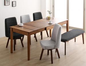 【SALE：4/17 20:00 - 4/23 01:59】食卓テーブルセット 120-180cm 6人用 伸縮 6点セット(テーブル+チェア4脚+ベンチ) 回転椅子 組立付き
