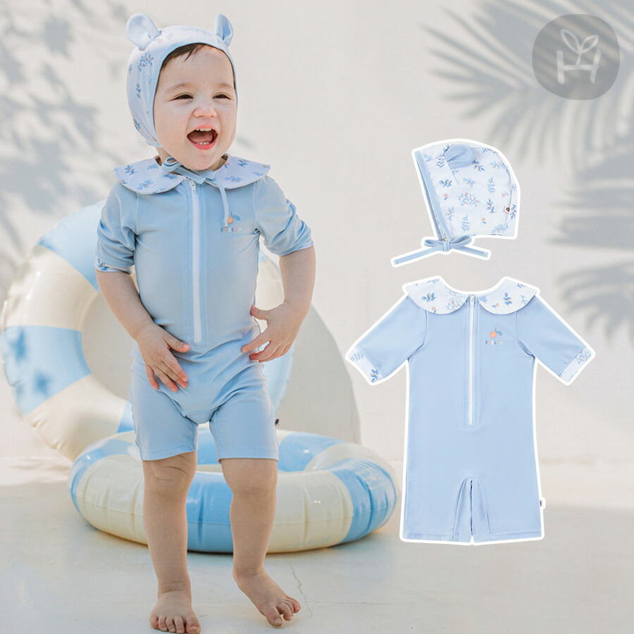 ベビー男の子ラッシュガードセット ベビー 水着 キャップ付き 2点セット オールインワン ベビースイミング 花柄 水遊び着 北欧スタイル 水着セット
