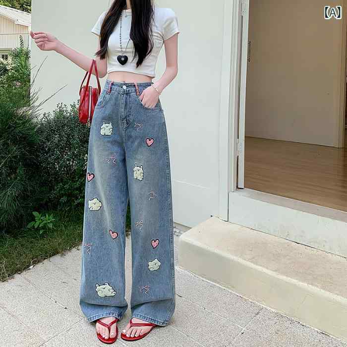 デニムパンツ レディース ワイドパンツ ジーンズ 刺繍 ワンポイント アメカジ ジーパン ストレート シルエット 体型カバー 脚長効果 こなれ感 カジュアル コットン ボトムス ズボン 美脚効果 ハイウエスト お出かけ ワークパンツ レトロ感 ロング丈