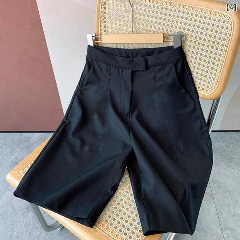 ショートパンツ レディース ハイウエスト きれいめ センタープレス 美脚シルエット シワになりにくい ハーフパンツ ワイドパンツ 通勤 膝丈 五分丈 スーツ生地 スラックス オフィス カジュアル 体型カバー 涼しい 裏地付き 透けない ポケット付き 膝上