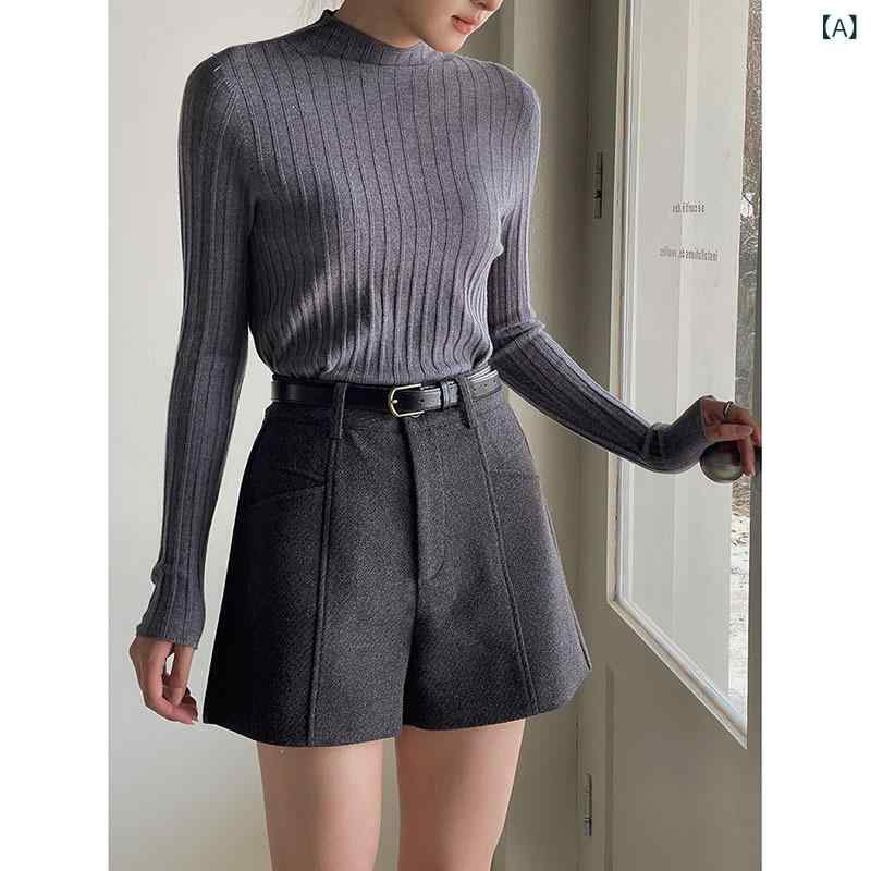 ショートパンツ ウール ハイウエスト レディース 厚手 秋冬 Aライン スタイルアップ 美シルエット センタープレス オフィス 通勤 きれいめ 上品 暖かい ボトムス 無地 裏地付き 動きやすい 膝上丈 落ち着いた 質感 高見え 旬な 着こなし シーズン