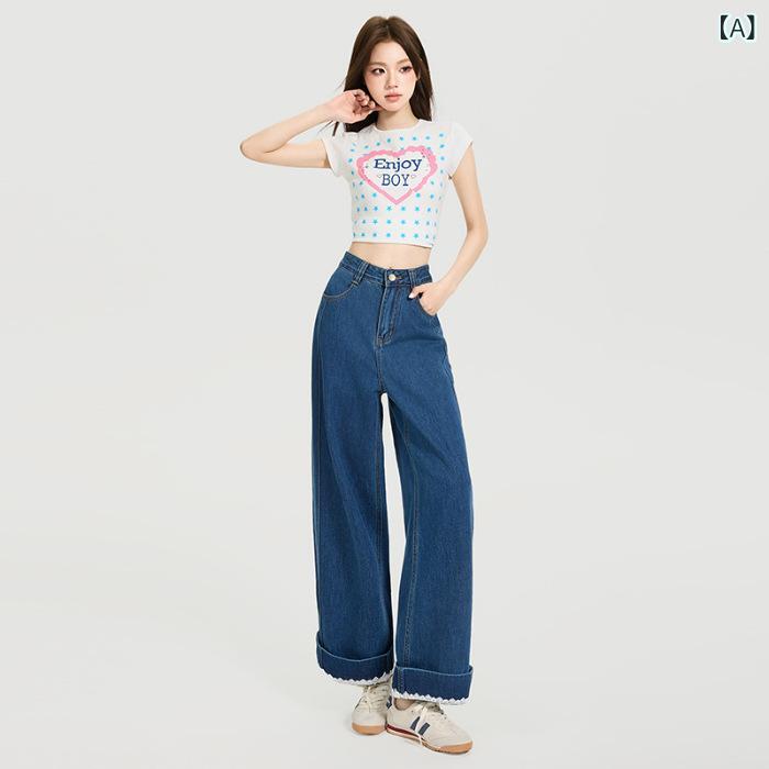ワイドデニムパンツ レディース ジーンズ レース 裾 ロールアップ ワイドシルエット 体型カバー 脚長効果 ハイウエスト 大人カジュアル デイリー デニム 抜け感 涼しい素材 穿き心地重視 通気性 ラフ スタイリッシュ 休日コーデ