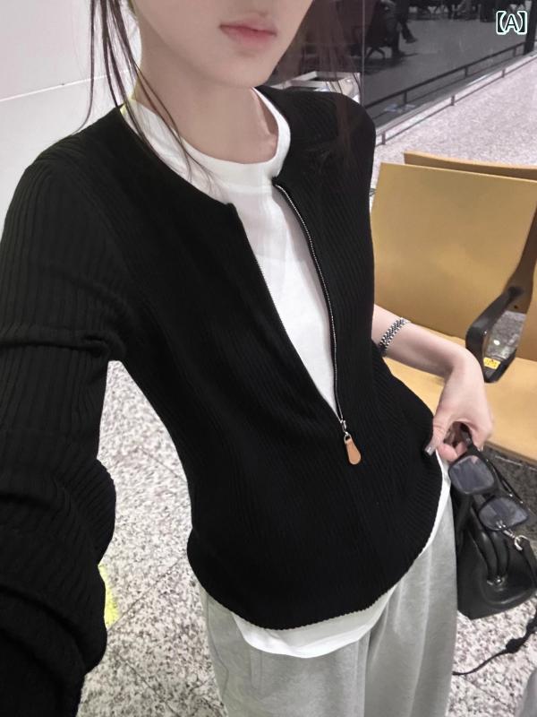 ニットカーディガン レディース 長袖 ジップアップ ゆったり レザーパッチ ハイゲージ 羽織り ライトアウター 春秋 無地 襟付き カジュアル オフィス 着回し 洗える トップス 通勤 通学 重ね着 体型カバー 軽い 柔らかい 部屋着 前開き 裾リブ