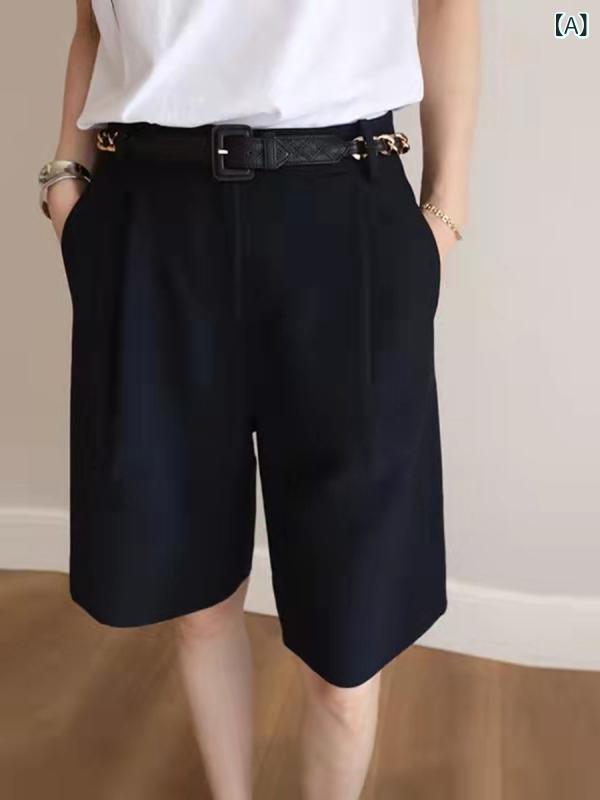 ハーフパンツ レディース 膝丈 きれいめ ハイウエスト 体型カバー センタープレス ワイドパンツ 五分丈 オフィス カジュアル ゆったり 涼しい 蒸れにくい ボトムス ズボン 20代 30代 40代 大人 着痩せ 細見え 無地 シンプル ベーシック タッ