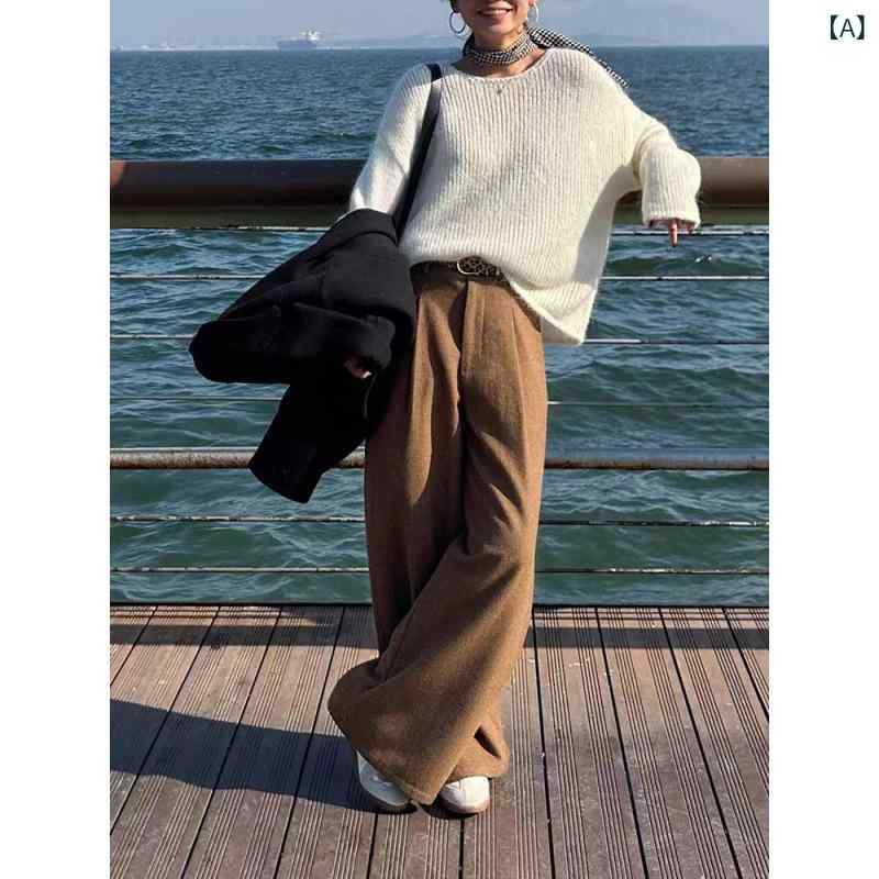 ウールパンツ ワイドパンツ 秋冬 レディース スラックス ハイウエスト ストレート シルエット 厚手 暖かい きれいめ 体型カバー センタープレス ロングパンツ ズボン ボトムス カジュアル 通勤 オフィス 普段使い シンプル 無地 センターライン 脚長