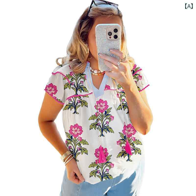 ブラウス レディース シフォン Vネック プルオーバー 花柄 三分袖 トップス 小顔見え 体型カバー 高見え オフィスカジュアル カジュアル 夏服 普段着 通勤 お出かけ 涼しげ 軽い 素材感 抜け感 スタイルアップ 鎖骨見せ シワ防止 柔らか