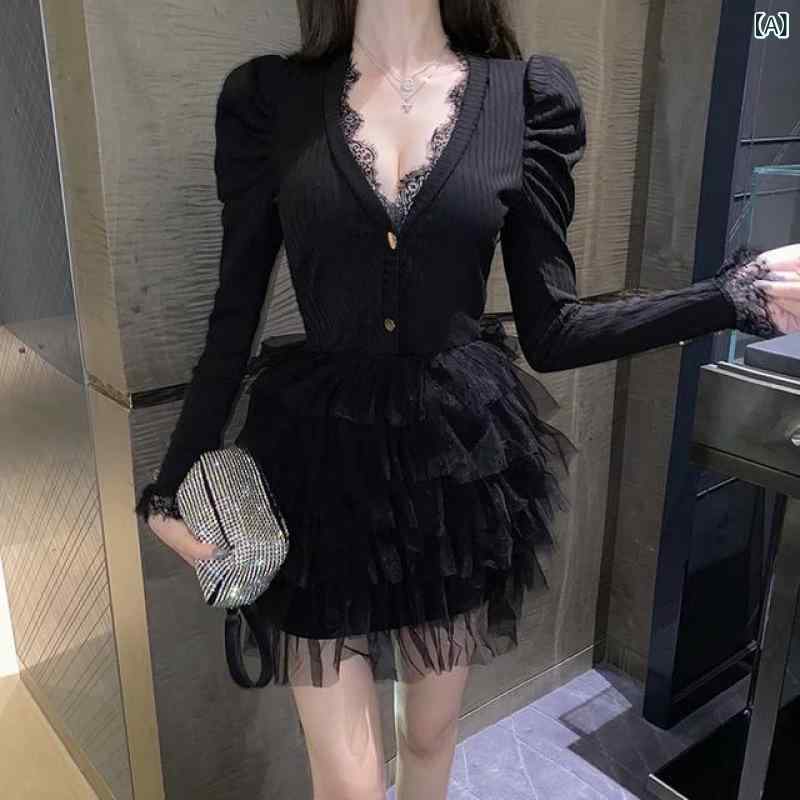 ワンピース レディース ロング Vネック インナー パフスリーブ チュール 美シルエット 高見え フォーマル パーティー お呼ばれ 重ね着 ブラック 膝下 長袖 透け感 上品 きれいめ 大人かわいい エレガント クラシカル 冠婚葬祭 結婚式 披露宴 演奏会