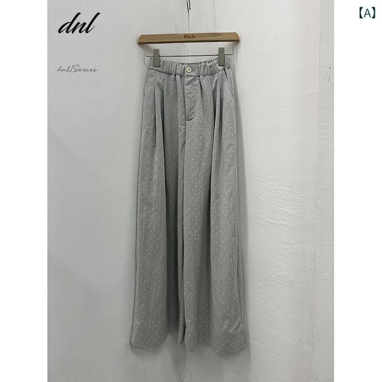 ワイドパンツ ドット柄 ハイウエスト ズボン ロングパンツ 足長見え 着痩せ 体型カバー ボトムス ロング丈 デイリー 水玉 楽ちん ウエストゴム ゆったり リラックス ストレート 総柄 軽い 履き心地 動きやすい 定番 きれいめ 華やか 美シルエット