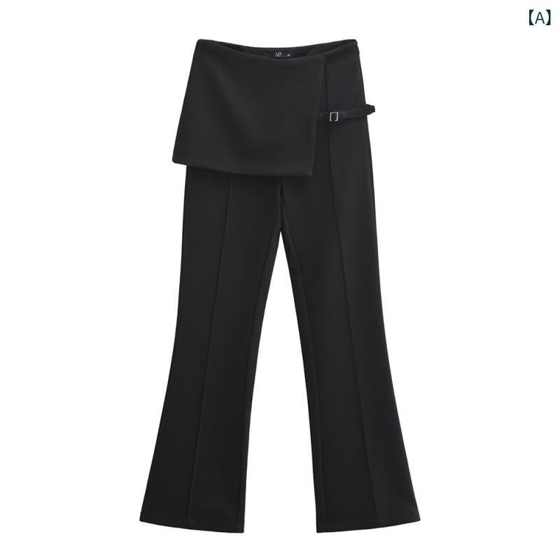 スラックス レディース レイヤード 重ね着風 フレアパンツ センタープレス 脚長効果 落ち感素材 ハイウエスト セミフレア オフィスカジュアル ワイドパンツ ベルボトム シワになりにくい 美シルエット 体型カバー 上品 事務服 通勤 通学 普段使い ボト