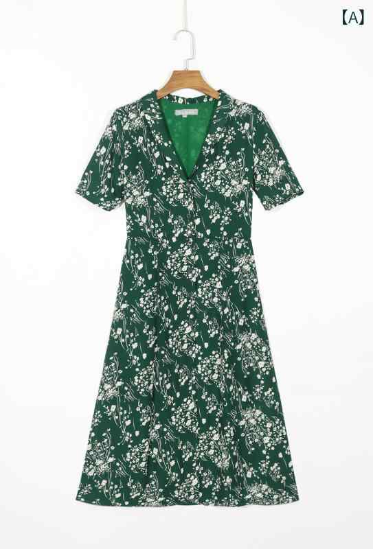 ロングワンピース 襟付き プリント 半袖 Aライン 体型カバー 上品 シャツワンピース ウエスト切り替え 膝下丈 総柄 お出かけ カジュアル ミモレ丈 フレア 涼しい リゾート レディース 春夏 20代 30代 40代 ファッション 通勤 旅行 着痩せ