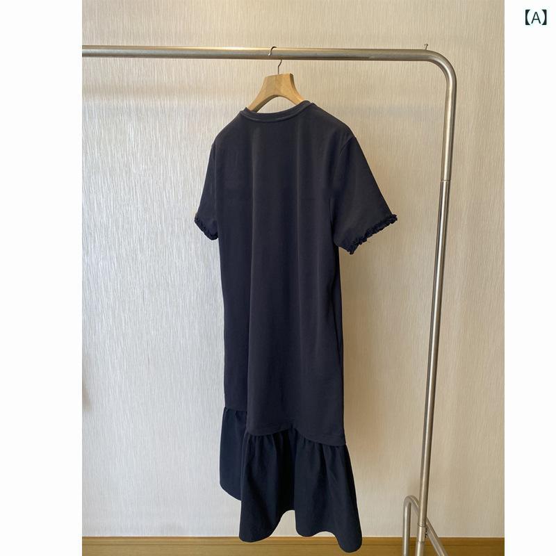 マーメイドワンピース 膝下丈 フリル 異素材切替 体型カバー 高見え 裾フレア ラウンドネック お出かけ 大人カジュアル フェミニン 華やかシルエット 着痩せ効果 ゆったり 楽ちんコーデ きれいめ 清楚 普段使い 旅行 女子会 ランチ 二次会 参観日 上