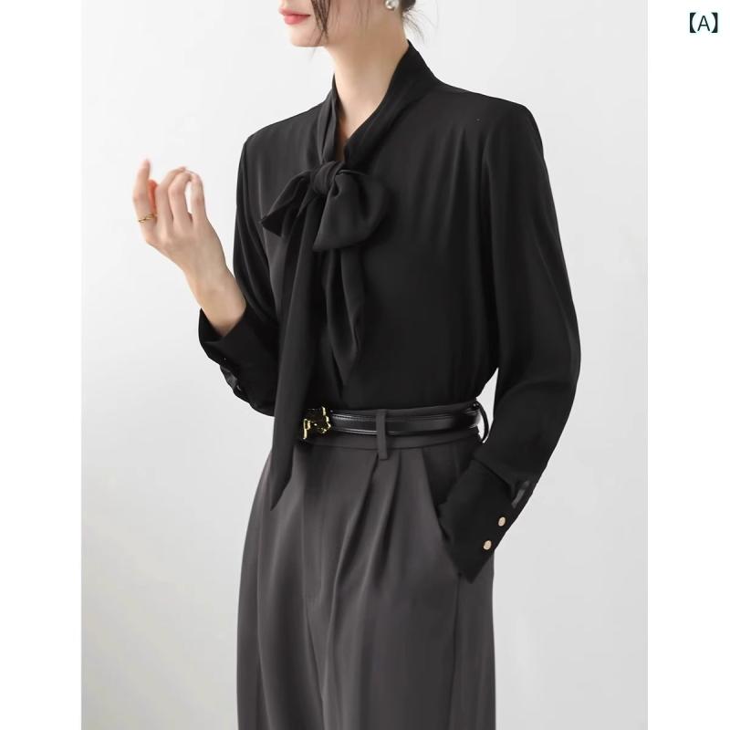 ブラウス レディース 長袖 ボウタイ リボン 事務服 シフォン 落ち感 美シルエット お手入れ簡単 シワになりにくい 上品 清楚 エレガント オフィス カジュアル きれいめ 大人 おしゃれ トップス 通勤 フォーマル 行事 入学式 卒業式 演奏会 発表会