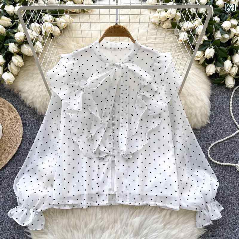 ブラウス レディース 長袖 シフォン シャツ リボン フリル ハート柄 プリント 華やか 上品 きれいめ フェミニン 落ち感 透けにくい 素材感 柔らか トップス オフィスカジュアル 通勤 デート お出かけ 休日 コーディネート 20代 30代 40代