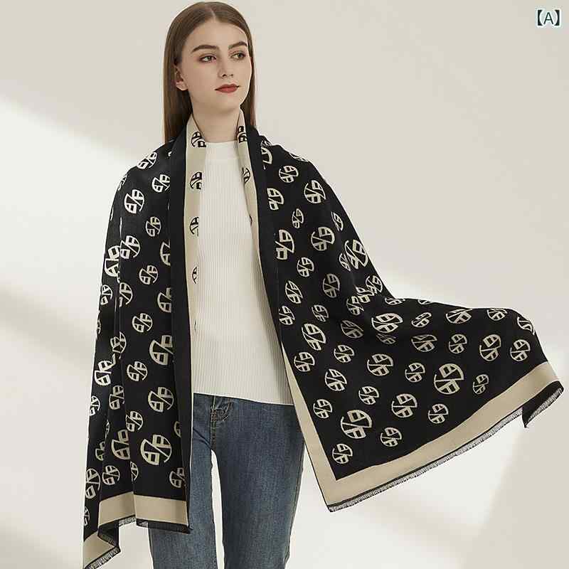 ストール レディース 秋冬 マフラー 大判 厚手 リバーシブル モノグラム柄 カシミヤタッチ なめらか 防寒 ショール 肩掛け ひざ掛け 通勤 オフィス 贈り物 旅行 寒さ対策 羽織り ブランケット あったかグッズ 首元 冷房対策 洗える 巻き物 ロゴ入