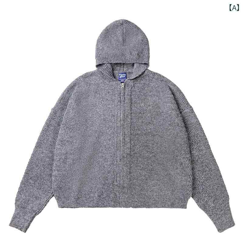 ニットカーディガン ストライプ フード付き 厚手 クロップド丈 オーバーサイズ シルエット 防寒対策 秋物 冬物 メンズ レディース ユニセックス ゆったり トップス 羽織り ニットパーカー 普段使い 休日 お出かけ スタイルアップ 暖かい レイヤードス