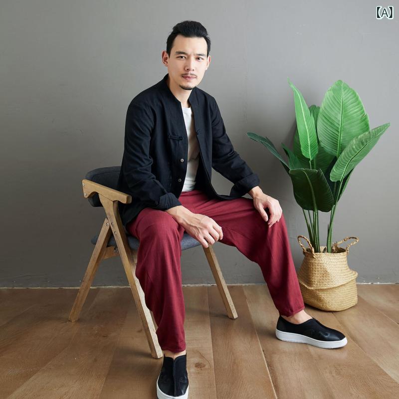 リネンシャツ 長袖 立ち襟 チャイナボタン 麻素材 蒸れにくい着心地 洗練シルエット 春夏 秋 普段着 休日 通気性 吸湿性 速乾 落ち着いた色合い 個性的な 羽織り シンプル 無地 コーディネート 軽やかな素材感 メンズ トップス ナ