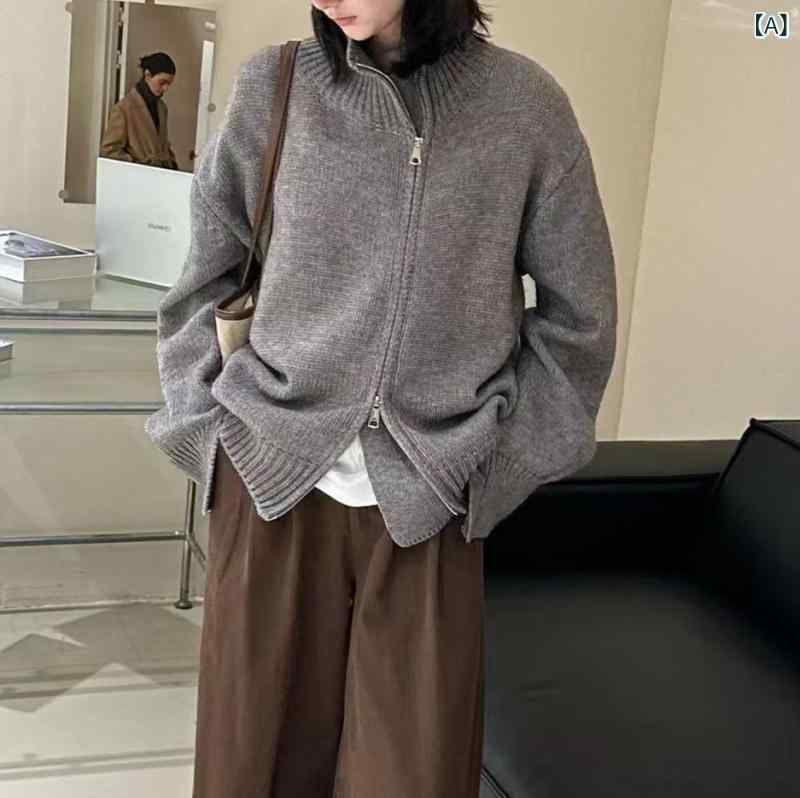 ニットカーディガン レディース ジップアップ トップス 立ち襟 ハイネック ファスナー セーター ニットジャケット 羽織り 前開き 厚手 体系カバー リブニット 伸縮性 柔らか 部屋着 普段使い お出かけ 通勤 通学 防寒対策 寒さ対策 重ね着 レイヤー