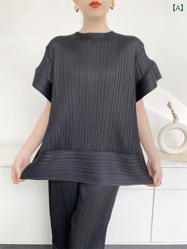 プリーツトップス レディース Tシャツ 半袖 異素材切替 ゆったりシルエット 体型カバー 涼しい 華奢見え カットソー トップス オフィスカジュアル 大人かわいい 通勤 お出かけ ストレッチ 伸縮性 シワになりにくい 着痩せ 落ち感 無地 ラウンド