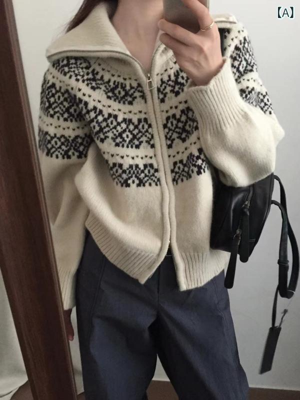 ニット カーディガン フェアアイル柄 ジップアップ レディース 秋冬 長袖 厚手 総柄 ジャガード編み トップス ゆったり セーター カジュアル 羽織り 暖かい 重ね着 前開き ざっくり編み レイヤードスタイル デイリー 普段使い お出かけ 防寒対策 ラ