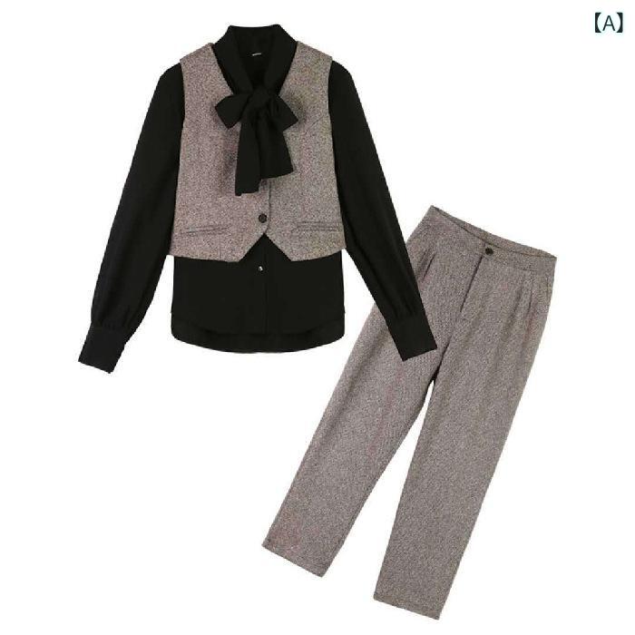 セットアップ レディース 春服 3点セット ツイード ジレ ベスト ブラウス パンツスーツ ワイドパンツ スタイルアップ 高見え 卒業式 入学式 お宮参り 七五三 セレモニー フォーマル お呼ばれ 通勤 オフィス 着回し 重ね着 大人 カジュアル 体型カ