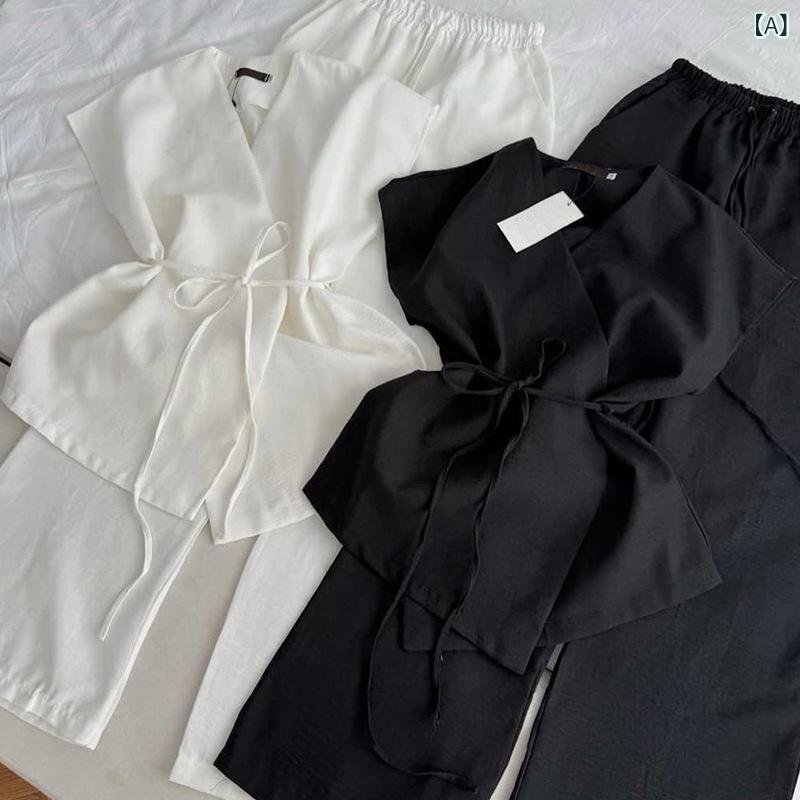セットアップ レディース 夏 上下セット 2点セット Vネック ウエストリボン ワイドパンツ ロング丈 半袖 ブラウス ズボン きれいめ 洗練シルエット 通勤 通学 女子会 デート 体型カバー 無地 涼しい 快適 シンプル コーディネート不要 スタ