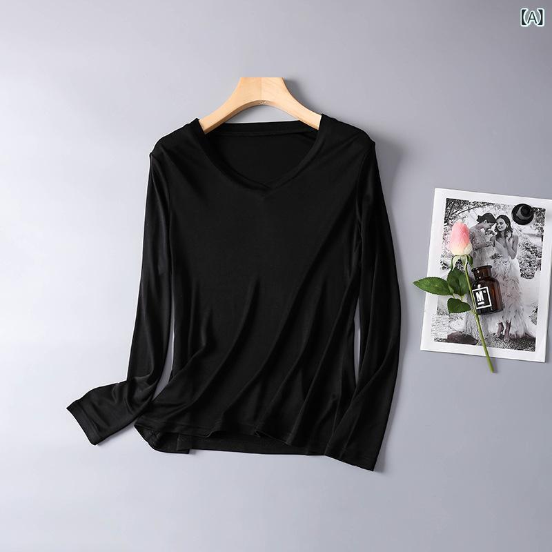 シルクTシャツ 長袖 絹100% Vネック 19匁 厚手生地 レディース 繊維 高級素材 インナー 大きいサイズ ゆったり シルクニット トップス 保温性 蒸れにくい 高密度 艶感 吸放湿性 部屋着 お出かけ デイリー 重ね着 春秋冬 シル