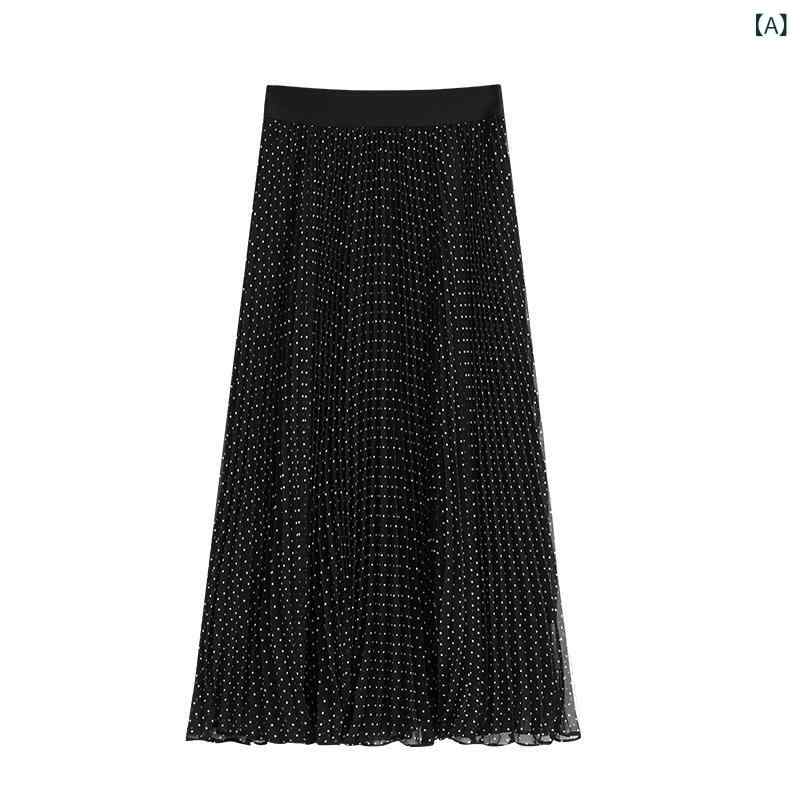 Aラインスカート ドット柄 ハイウエスト ミモレ丈 脚長効果 細見え レトロ きれいめ デート 上品 フレア 落ち感 華やか 涼しげ 大人 カジュアル ウエストゴム 体型カバー ボトムス フェミニン シフォン 膝下 お出かけ 女子会 オフィス 通勤 普段