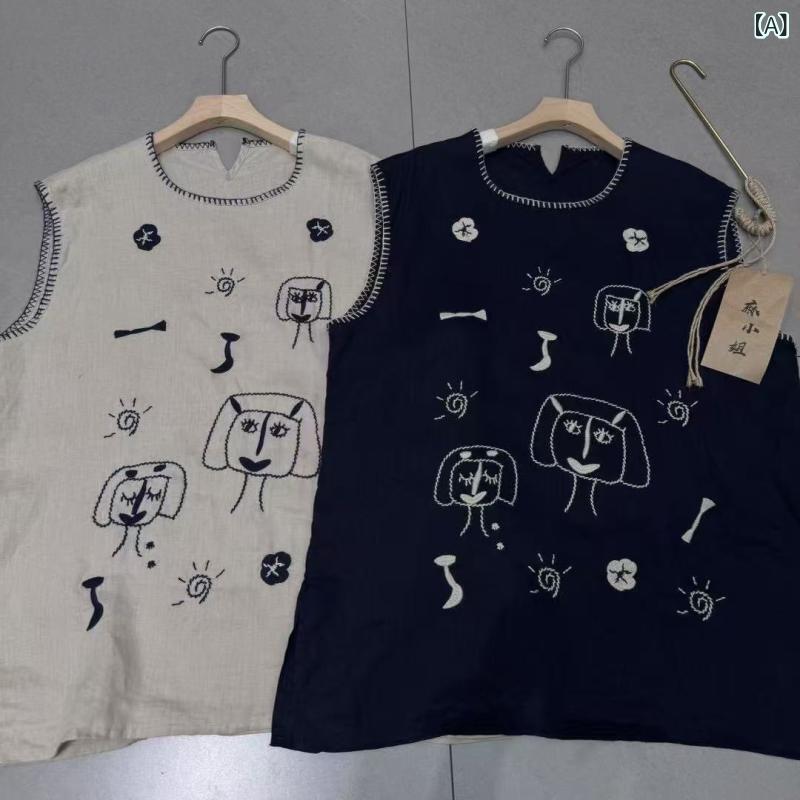 タンクトップ 麻 レディース ノースリーブ 刺繍 丸首 リネン素材 通気性 ゆったり 重ね着 プルオーバー レイヤード インナー ブラウス風 Aライン 体型カバー ワイドシルエット ハンドステッチ 無地 部屋着 普段使い 軽量 ヘンプ素材 サイドスリット