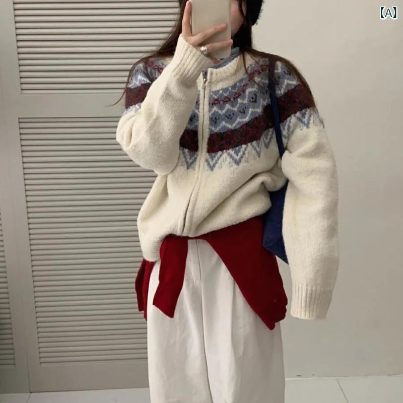 ニットカーディガン レディース 冬 厚手 フェアアイル柄 ジップアップ クルーネック ジャガード編み セーター 暖かい 柔らかい ノルディック調 レトロ風 トップス 長袖 羽織り 防寒対策 ゆったり シルエット 体型カバー カジュアル 上品 華やか お出