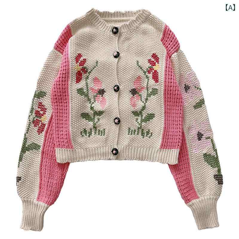 ニットカーディガン レディース 花柄 刺繍 透かし編み 長袖 秋冬 トップス 上品 軽量 羽織り お出かけ 重ね着 前開き ボタン クルーネック 柔らかい 軽い 着回し 体型カバー 冷房対策 薄手 レイヤード コーディネート 襟付き 伸縮性 丸首 通勤