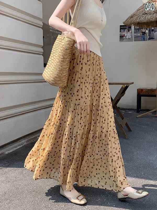 スカート ロングスカート ドット柄 シフォン Aライン フレアスカート ウエストゴム ハイウエスト 脚長効果 裏地付き 透け防止 ミモレ丈 落ち感 ドレープ きれいめ フェミニン 華奢見え 総柄 ドット カジュアル お出かけ デイリー オフィス 通勤