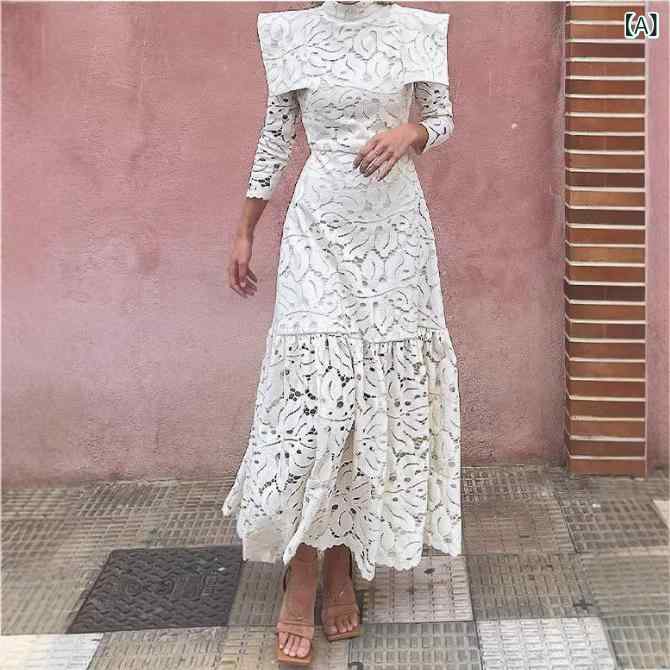 レースワンピース ロング丈 長袖 ハイネック 総レース 透け感 着痩せ Aライン 結婚式 パーティードレス お呼ばれ 披露宴 二次会 演奏会 発表会 上品 膝下丈 シースルー 裏地付き 袖あり 体型カバー フォーマル オケージョン くるぶし丈 フレア マ