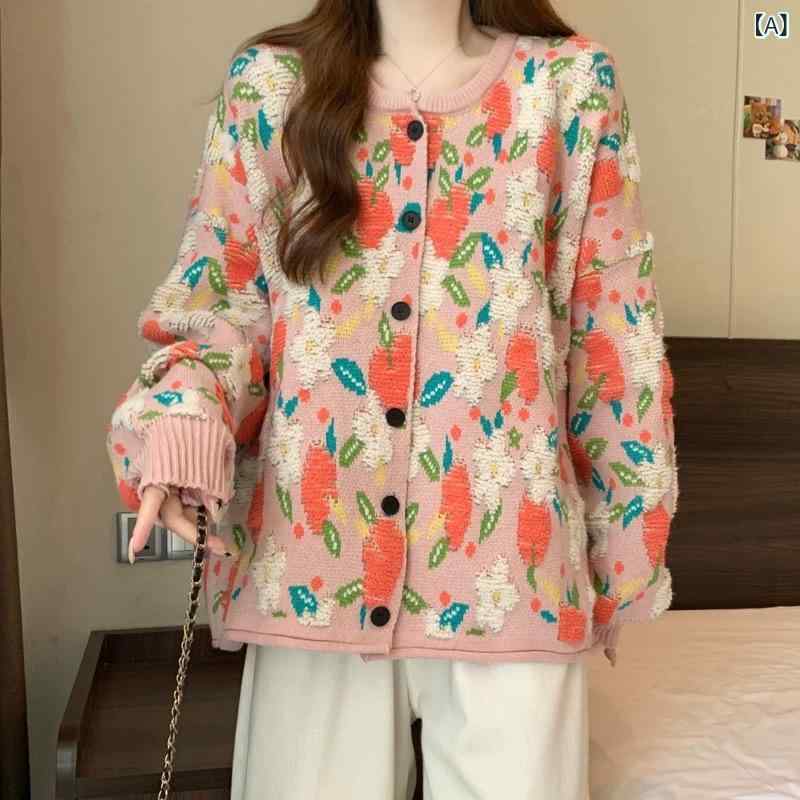 ニット カーディガン 大きいサイズ レディース トップス 長袖 花柄 Vネック 体型カバー 華やか 抜け感 秋服 羽織り カジュアル お出かけ デイリー 普段着 ゆったり シルエット フェミニン 大人かわいい 総柄 レイヤード ライトアウター 前開き ボタ
