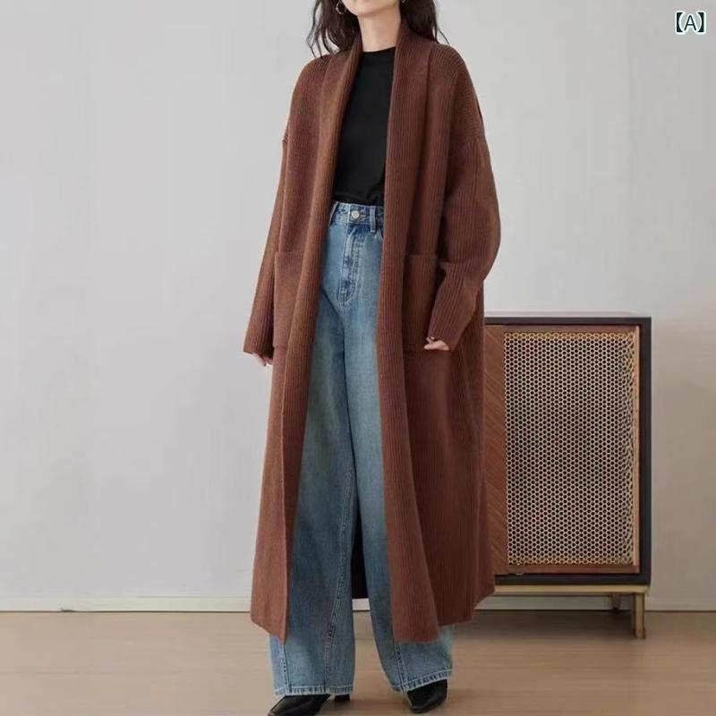 ニットカーディガン レディース 長袖 羽織り ミドル丈 厚手 無地 体型カバー 高見え 秋服 冬服 オフィス 通勤 通学 前開き ゆったり 洗える 伸縮性 ドロップショルダー ガウン トップス セーター ママコーデ 普段使い デイリー 重ね着 レイヤード