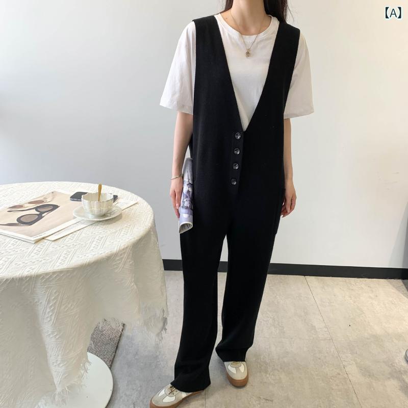 サロペット レディース 秋冬 Vネック 深めスリット ワイドシルエット 体型カバー 高見え 重ね着 お出かけ カジュアル 無地 スリーブレス ロング丈 ゆったり 動きやすい 暖か 上品 マタニティ 楽ちん 美脚効果 抜け感 ワンマイルウェア 縦ライン こ