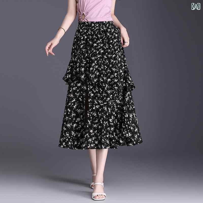 ロングスカート 花柄 シフォン ティアード 膝下 フレア Aライン シルエット 体型カバー ウエストゴム仕様 裏地付き 透け感防止 動きやすい カジュアル オフィス 通勤 通学 お出かけ 涼しい 春夏 レディース ボトムス フェミニン デート 旅行 軽