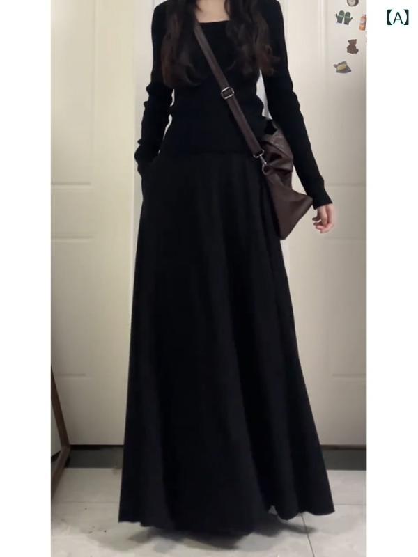 ロングスカート 冬 レディース aライン マキシ丈 プリーツスカート ボトムス 着痩せ 体型カバー ハイウエスト 暖かい 厚手 落ち感 美脚 シルエット カジュアル 通勤 オフィス デイリー 普段使い お出かけ 旅行 無地 シンプル ウエストゴム 楽ちん