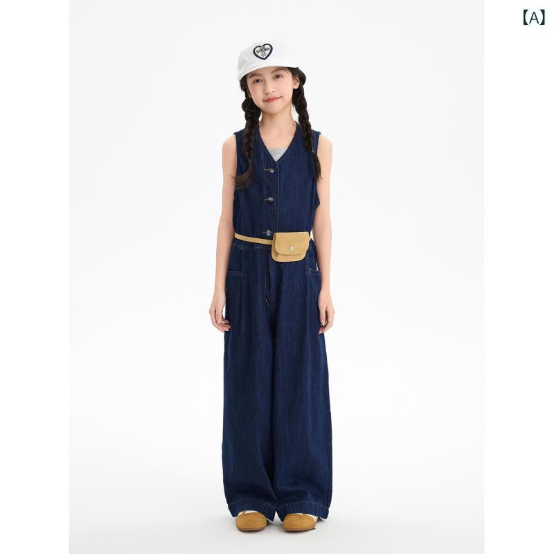 サロペット デニム 女の子 子供服 キッズ オーバーオール ノースリーブ ワイドシルエット オールインワン カジュアル 旅行 動きやすい ジーパン 通園 通学 レジャー 普段着 春夏 秋 ジュニア リンクコーデ 無地 涼しい 軽量 丈夫 洗える 重ね着