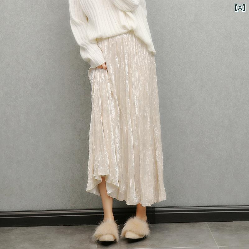 ベロアスカート ロングスカート プリーツスカート レディース Aライン ハイウエスト 美シルエット 上品な光沢 きれいめ 裏地付き 通勤 ボトムス ミモレ丈 ウエストゴム 秋冬 厚手 無地 落ち感 体型カバー コーデ カジュアル シワになりにくい 揺れ感