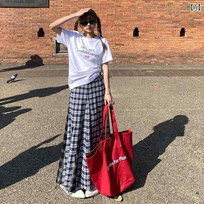 Aラインスカート ロングスカート チェック柄 ハイウエスト 異素材ドッキング 裾切りっぱなし 脚長効果 ヴィンテージ感 クラシック カジュアル 街歩き 散歩 お出かけ ショッピング デイリー ミモレ丈 フレアスカート タータンチェック 総柄 配色